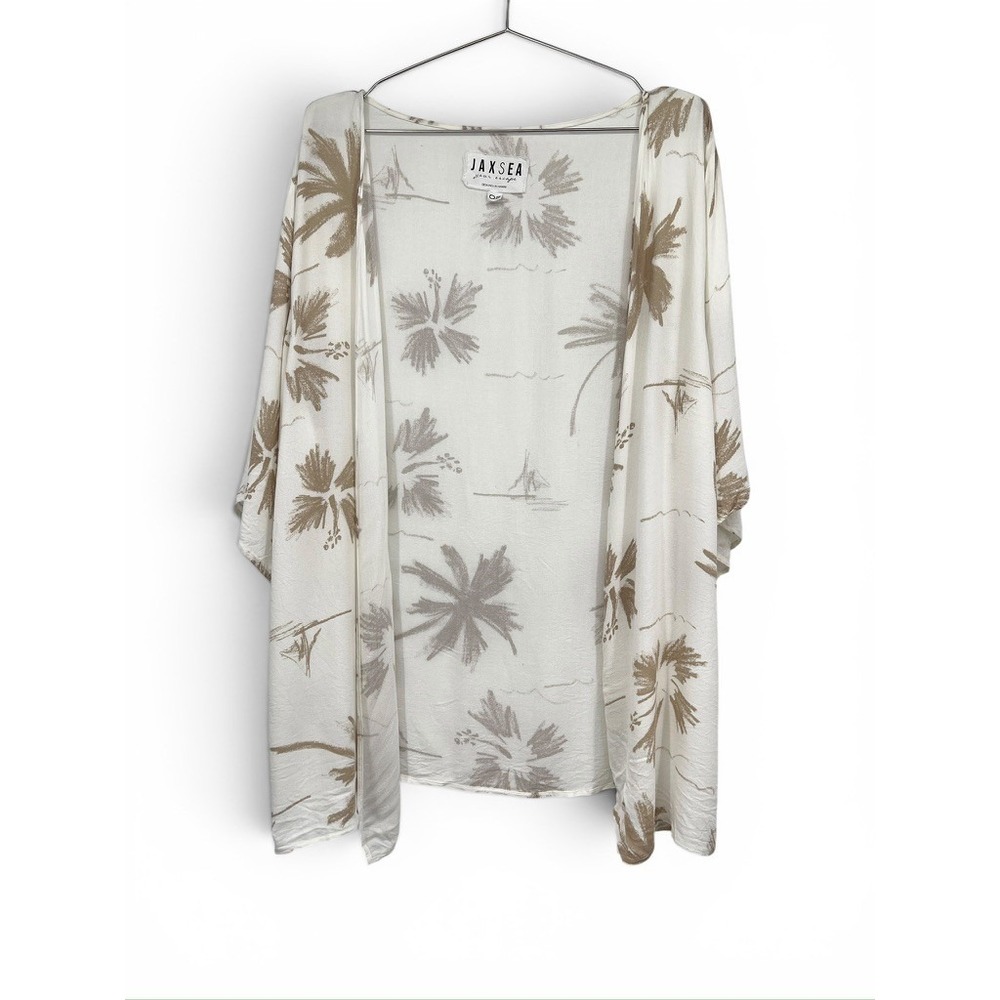 Jaxsea Your Escape Kimono Wrap White Tan Tropical Palm Hibiscus OS Hawaii‎ Made